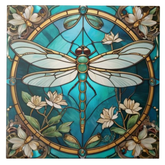 Carreau Dragonfly Art Nouveau Déco Aqua Bleu Vitrail (Devant)