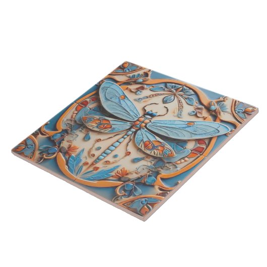 Carreau Dragonfly en bleu décoratif et jaune doré (Côté)