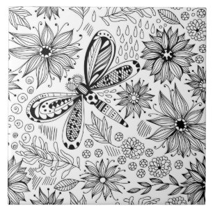 Carreau Dragonfly et doodle de fleurs