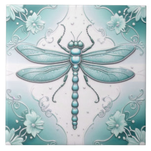 Carreau Dragonfly Turquoise and White Flower Art Turquoise