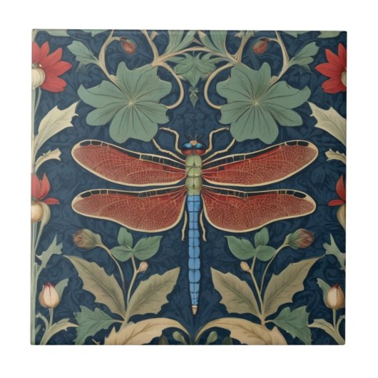 Carreau Dragonfly William Morris style bleu & rouge Floral (Devant)