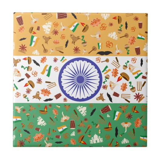 Carreau Drapeau de l'Inde avec des objets culturels (Devant)