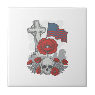 Carreau Drapeau de pavot commémoratif Croix Gravure Vintag