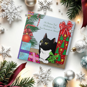 Carreau Drôle Chat en Smoking Noir et Blanc sur un Sapin d