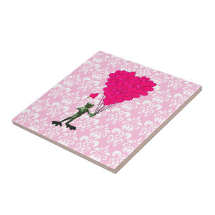 Carreau Drôle dessin de grenouille & coeur rose sur damask