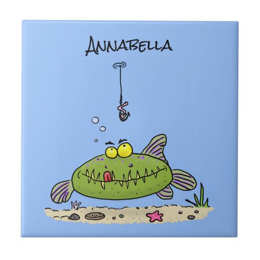 Carreau Drôle gras affamé poisson vert dessin de pêche (Devant)