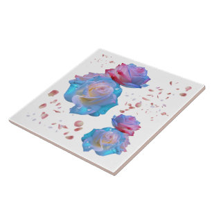 Carreau Droplets d'eau sur Roses rose et bleu sur blanc  