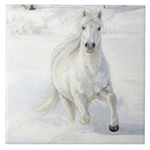 Carreau Dyfra le cheval islandais galopant dans la neige