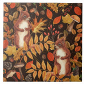 Carreau Écureuils automnaux et flore sur brun foncé (Devant)