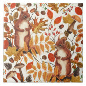 Carreau Écureuils d'automne et flore automnale sur le blan (Devant)