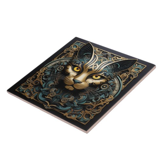 Carreau Effet 3D Chat Avec Accent Or Art Abstrait (Côté)