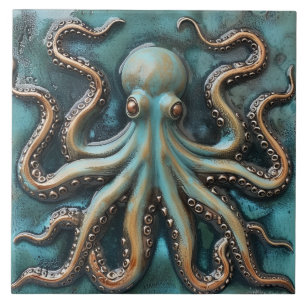 Carreau Effet 3D Teal et cuivre Octopus Aquatique