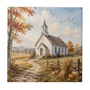 Carreau Église de campagne automnale, paysage à l'aquarell