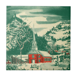Carreau Eglise de Noël Vintage, paysage de neige en hiver