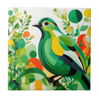 Carreau Élégance avienne, Oiseau Abstrait Vert Sur Branche