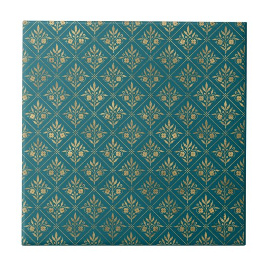 Carreau Élégance Dorée – Botanique Turquoise Foncé et Or (Devant)