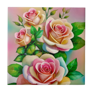 Carreau Élégance Roses Rose et Jaune Aquarelle Pastel