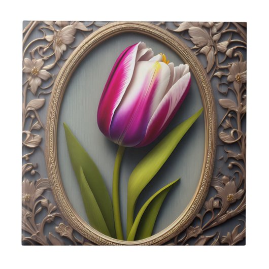 Carreau Élégance : Tulipe rose dans le design Art Nouveau (Devant)