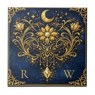 Carreau Élégance Vintage Monogramme Doré Céleste