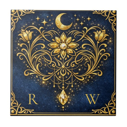 Carreau Élégance Vintage Monogramme Doré Céleste (Devant)