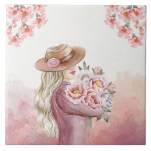 Carreau Elegance Woman with Peonies Aquarelle Art Imprimer