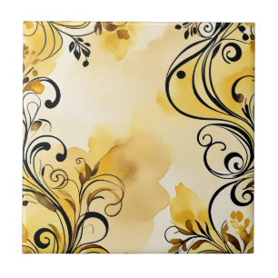 Carreau Elégant Abstrait Floral Aquarelle Jaune