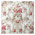 Carreau Élégant Arrière - plan Floral-Blanc Rococo<br><div class="desc">Elégant, romantique et orné de style vintage Rococo floral continu avec roses roses roses et défilement décoratif sur arrière - plan blanc.</div>