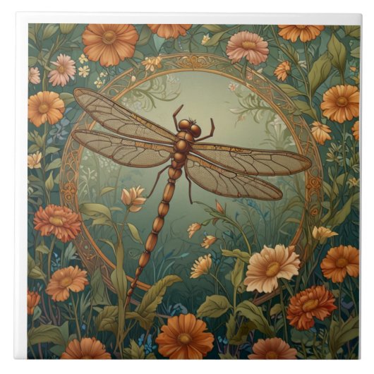 Carreau Elegant Art Nouveau Spring green Dragonfly (Devant)