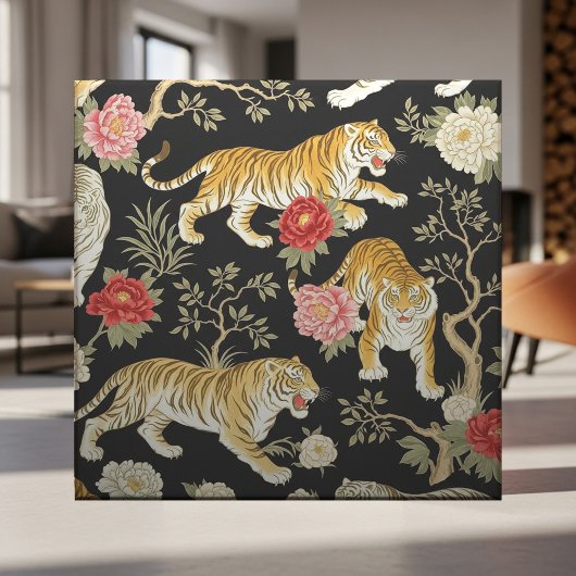 Carreau Elegant Black Chinoiserie Tiger and Peony Pattern