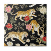 Carreau Elegant Black Chinoiserie Tiger and Peony Pattern (Devant)