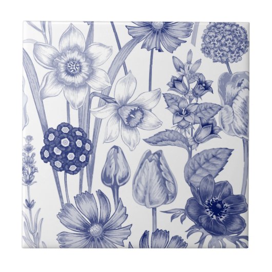 Carreau Elégant bleu blanc vintage motif floral (Devant)