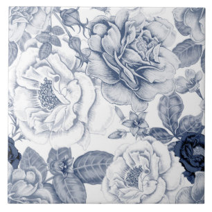 Carreau Elégant bleu blanc vintage motif floral