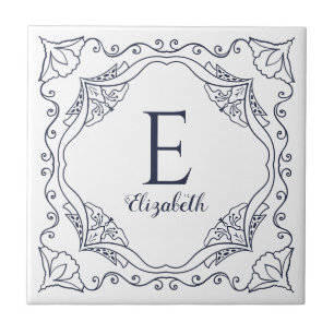 Carreau Élégant bleu marine Nom décoratif Monogramme