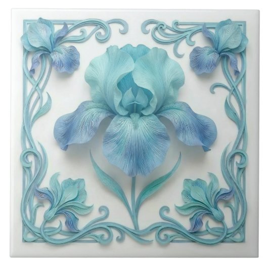 Carreau Elegant Blue Art Deco Stylized Lilies (Devant)