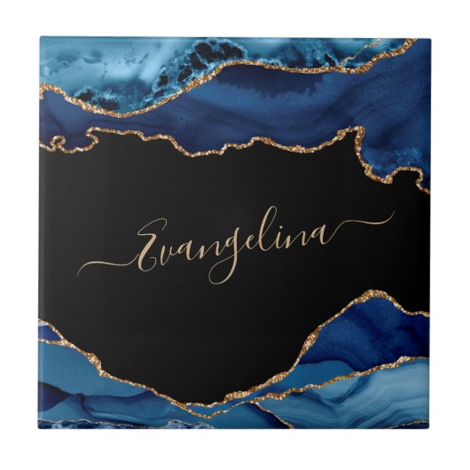 Carreau Élégant Blue Gold Agate Nom du script (Devant)
