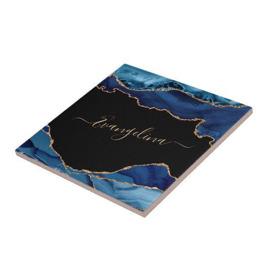 Carreau Élégant Blue Gold Agate Nom du script (Côté)