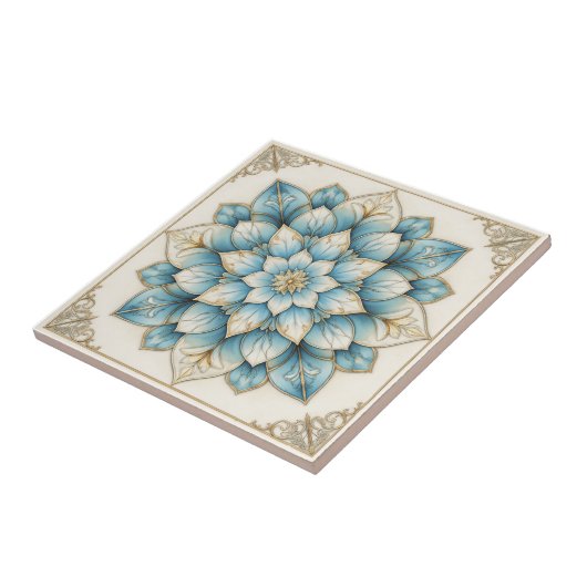 Carreau Elegant Blue Gold Floral Mandala Ceramic Tile (Côté)