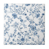 Carreau Elegant Blue Toile Floral Pattern Ceramic Tile (Devant)