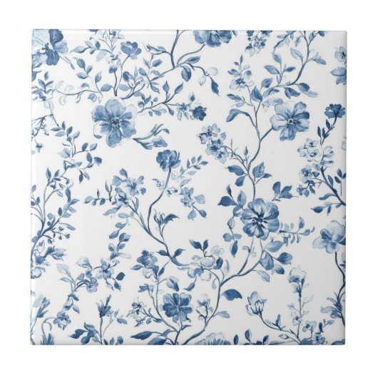 Carreau Elegant Blue Toile Floral Pattern Ceramic Tile (Devant)