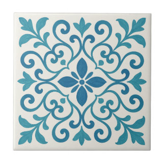 Carreau Elegant Blue & Turquoise Mediterranean Floral Tile