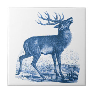 Carreau Elégant Cerf Blanc Bleu Vintage