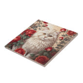 Carreau Élégant Chat Perse Vintage Avec Rose (Côté)