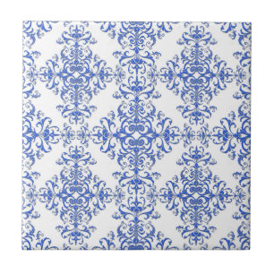 Carreau Elégant Cobalt bleu et blanc Floral Style Damask