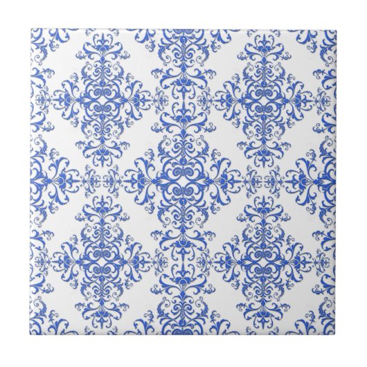 Carreau Elégant Cobalt bleu et blanc Floral Style Damask (Devant)