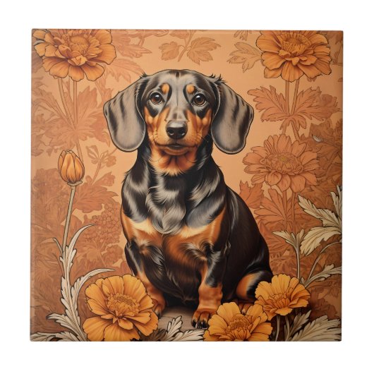 Carreau Elégant Dachshund Et Marigolds (Devant)