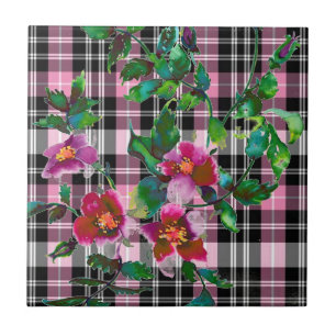 Carreau Élégant fleur sauvage rose rose noir plaid