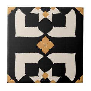 Carreau Élégant floral abstrait noir et blanc jaune