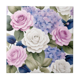 Carreau Élégant floral doux avec Hydrangeas et Roses