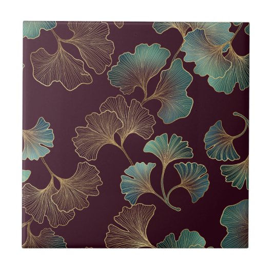 Carreau Elegant Ginkgo Leaf in Burgundy and Teal (1) (Devant)