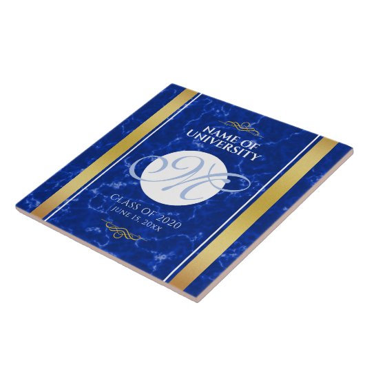 Carreau Élégant Graduation Monogramme Bleu Marbre Or Huile (Côté)